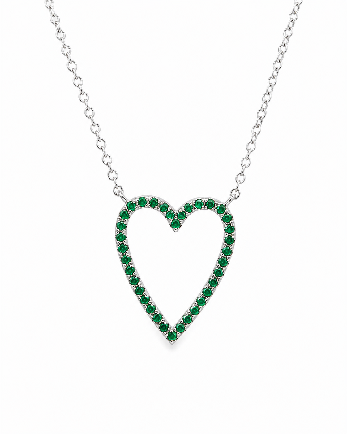 14k White Gold Lab Emerald Open Heart Necklace