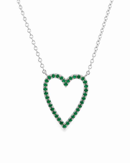 14k White Gold Lab Emerald Open Heart Necklace