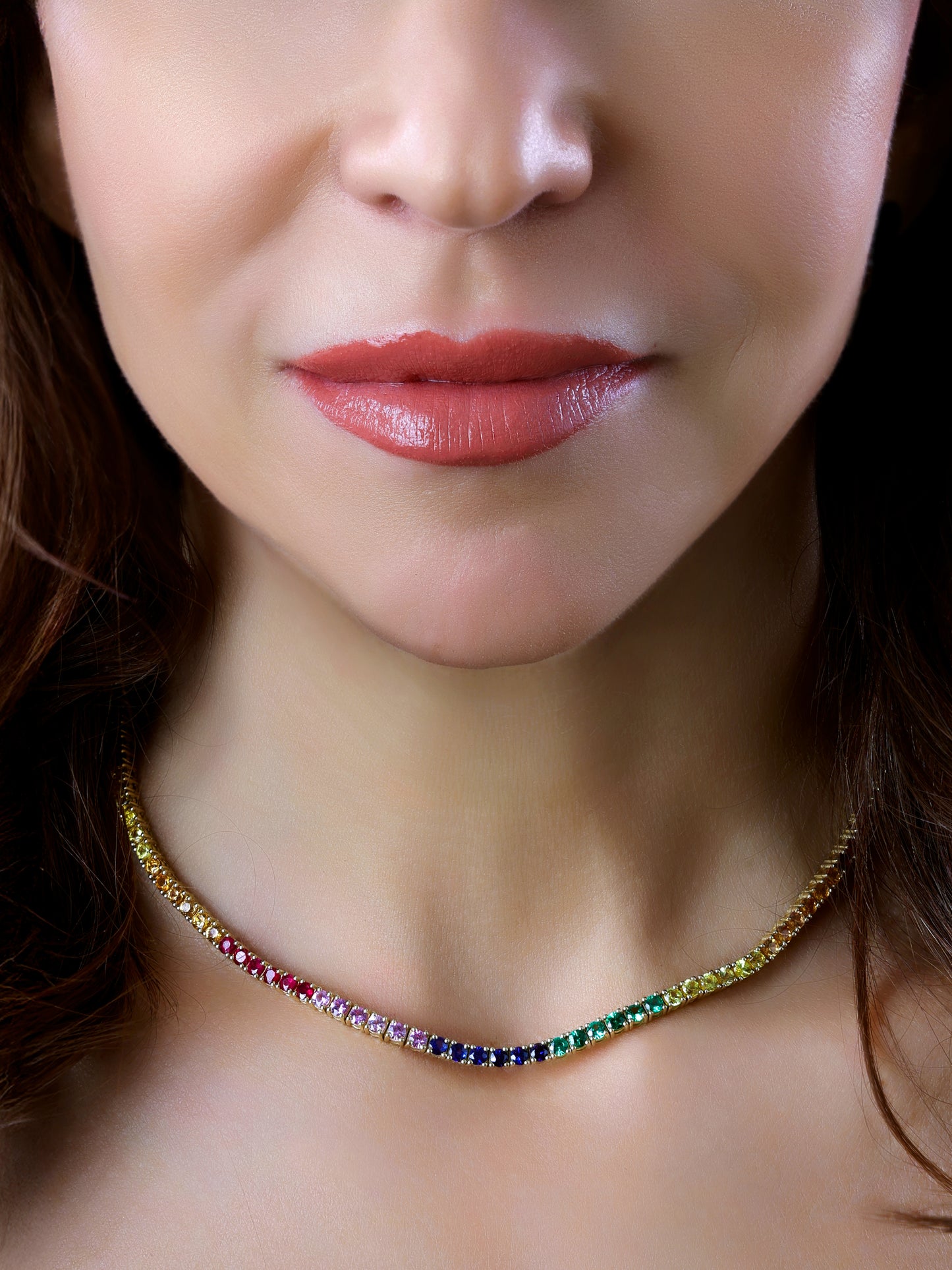 14k Yellow Gold 4 Prong Rainbow Sapphire Tennis Necklace