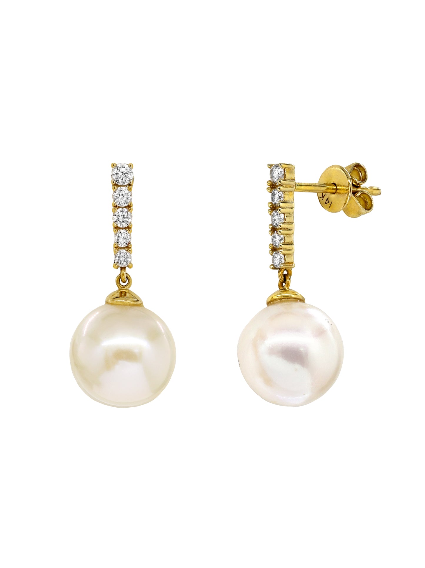14k Yellow Gold Large Pearl Diamond Bar Earrings