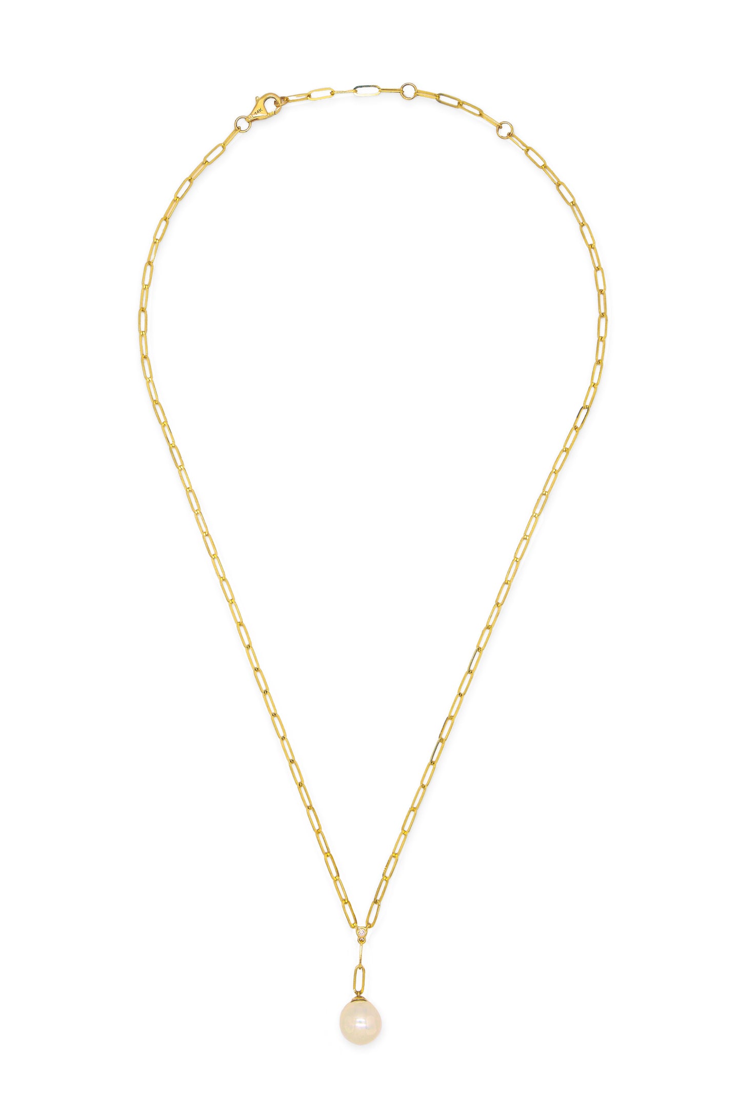 14k Yellow Gold Pearl/Diamond Paperclip Necklace