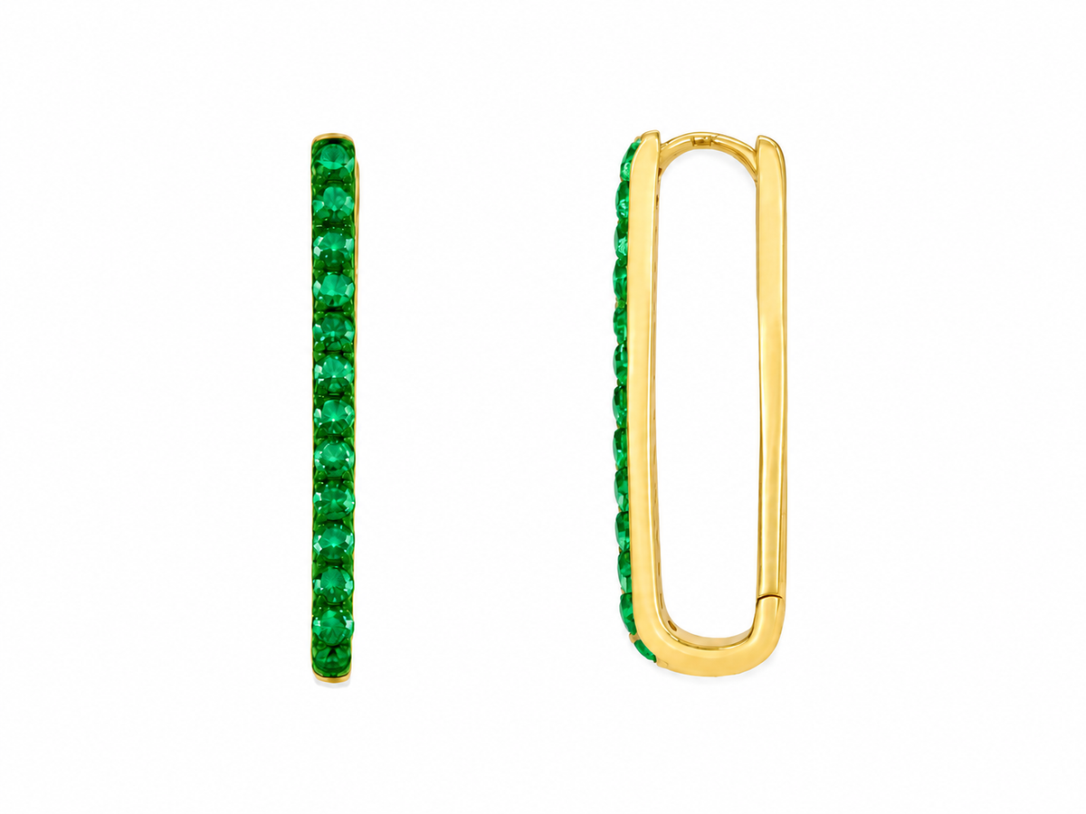 14k Yellow Gold Emerald Paperclip Hoop Earrings