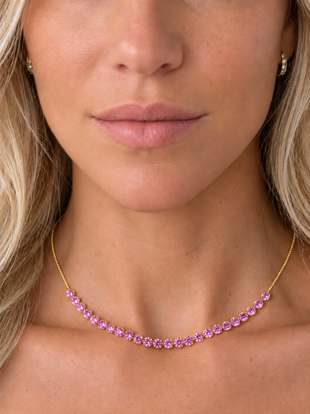 14k Yellow Gold Drill Lab Pink Sapphire 24 Row Necklace