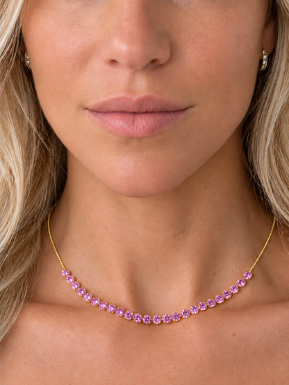 14k Yellow Gold Drill Lab Pink Sapphire 24 Row Necklace