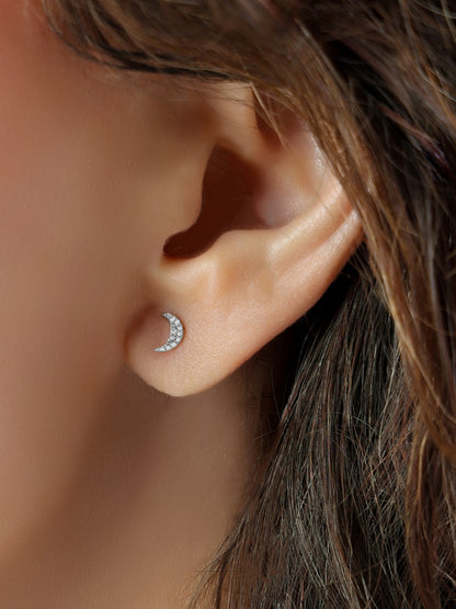 14k White Gold Diamond Moon Stud Earrings