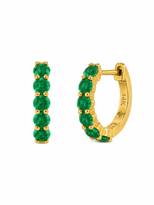 14k Yellow Gold Lab Emerald Huggie