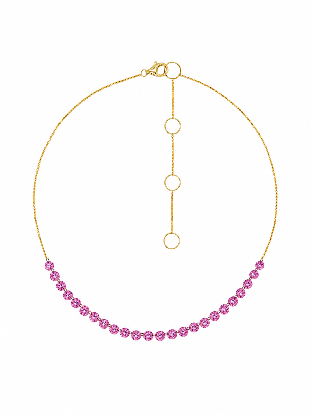 14k Yellow Gold Drill Lab Pink Sapphire 24 Row Necklace