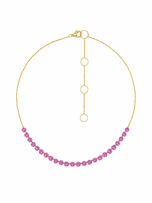 14k Yellow Gold Drill Lab Pink Sapphire 24 Row Necklace