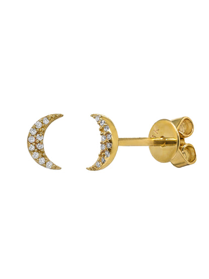 14k Yellow Gold Diamond Moon Stud Earrings
