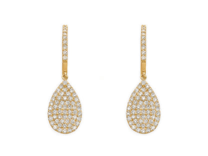14k Yellow Gold Pave Diamond Teardrop Huggie Earrings