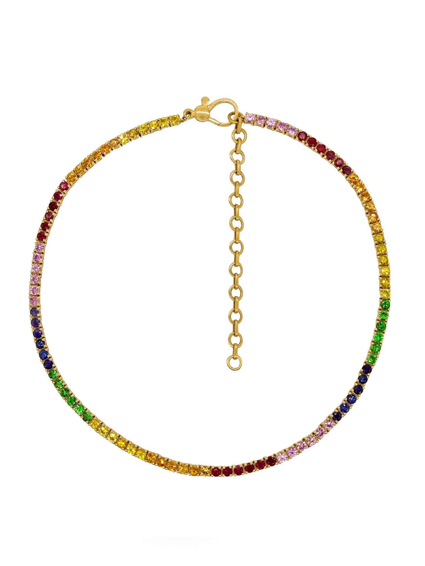 14k Yellow Gold 4 Prong Rainbow Sapphire Tennis Necklace