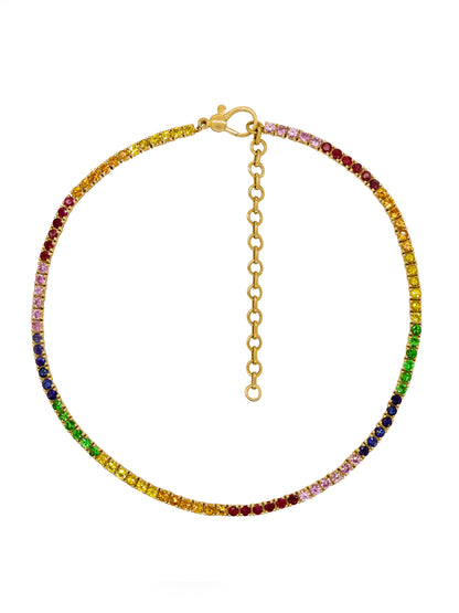 14k Yellow Gold 4 Prong Rainbow Sapphire Tennis Necklace