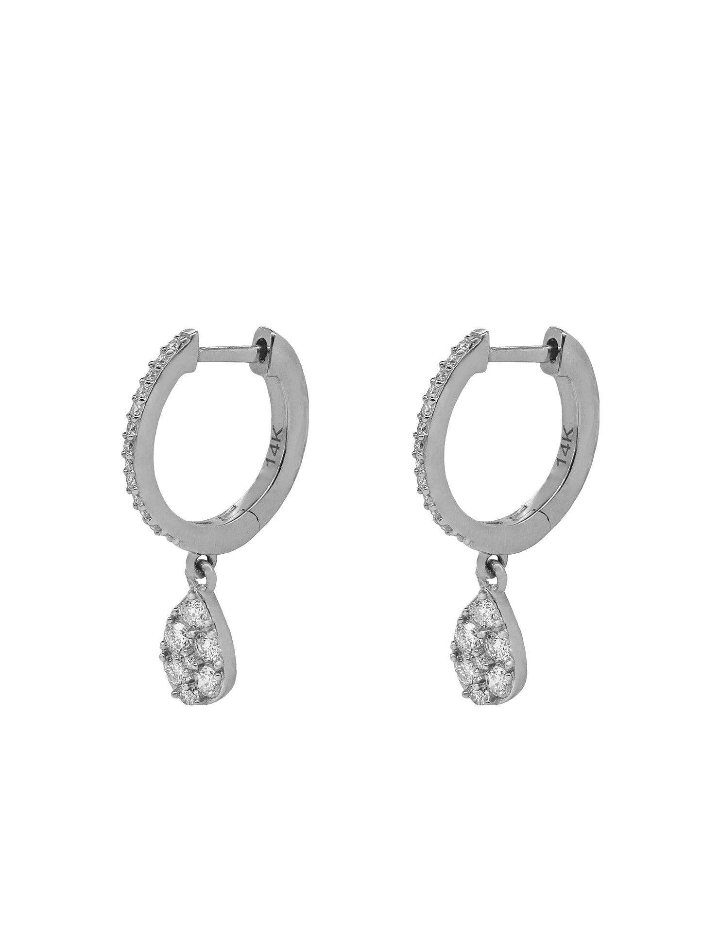 14k White Gold Diamond Pear Dangle Huggie Earrings