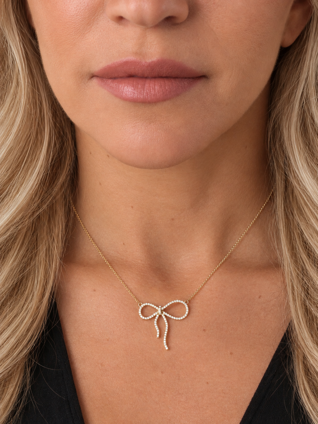14k Yellow Gold Diamond Bow Necklace