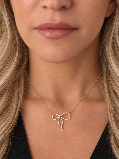 14k Yellow Gold Diamond Bow Necklace