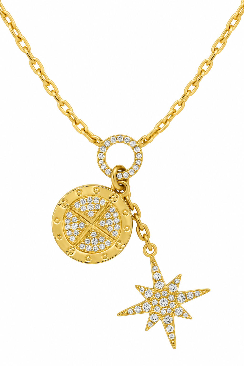 14k Yellow Gold Diamond Compass North Star Charm Necklace
