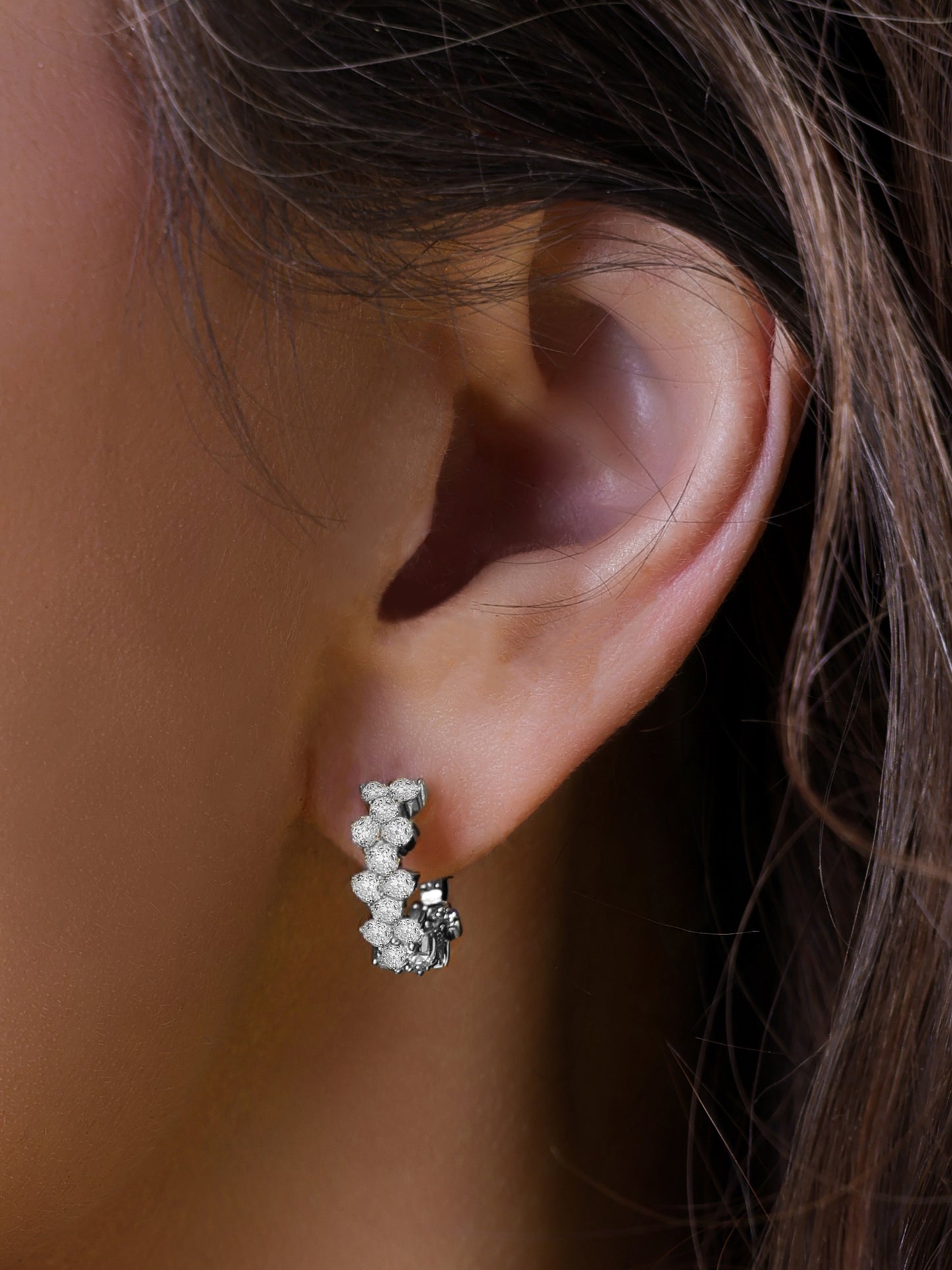 14k White Gold Diamond Double Row Triangle Small Hoop Earrings