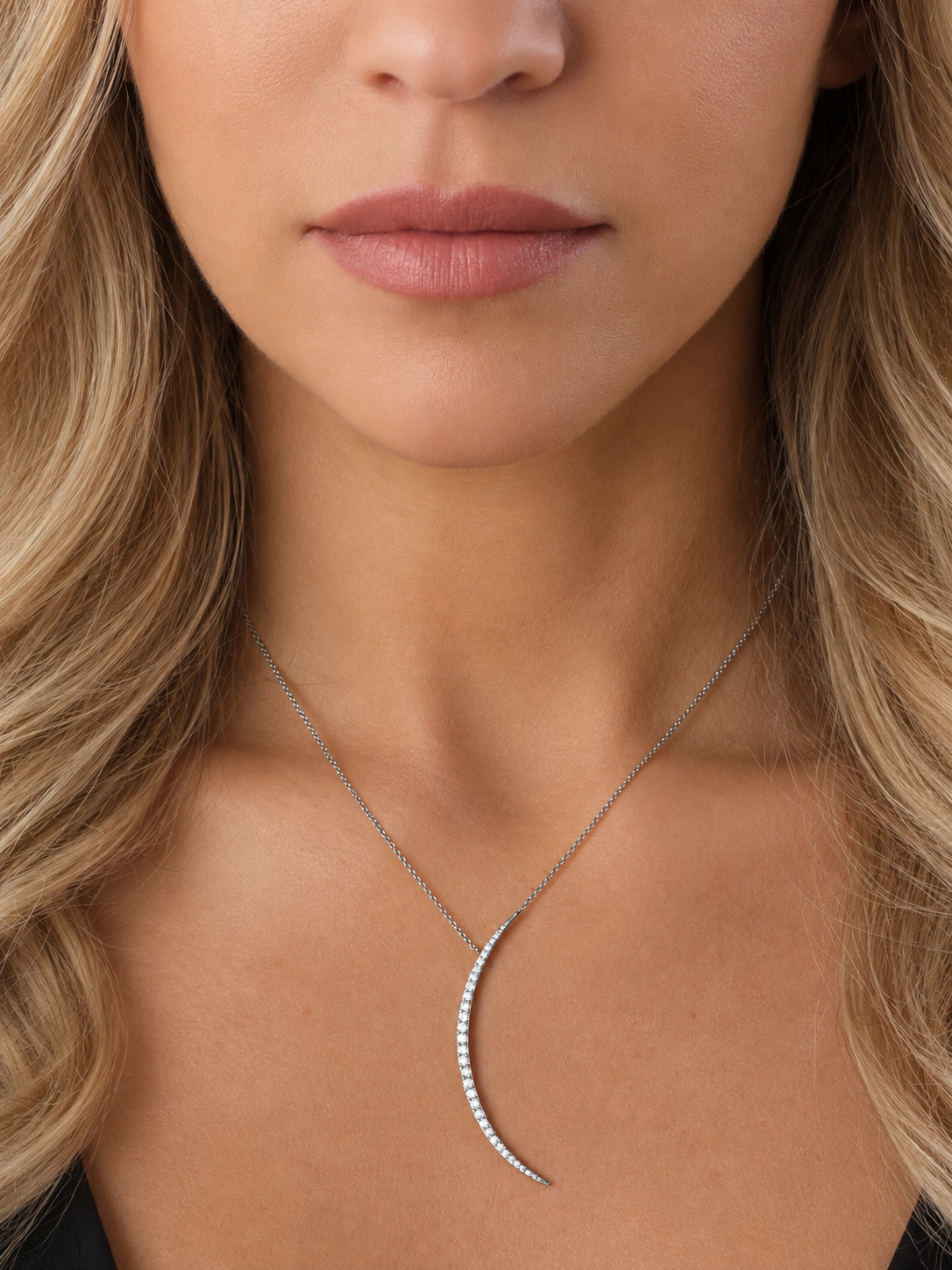 14k White Gold Diamond Large Half Moon Necklace
