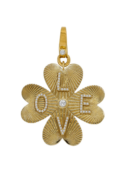14k Yellow Gold Diamond Large Clover Heart Love Lobster Clasp Charm