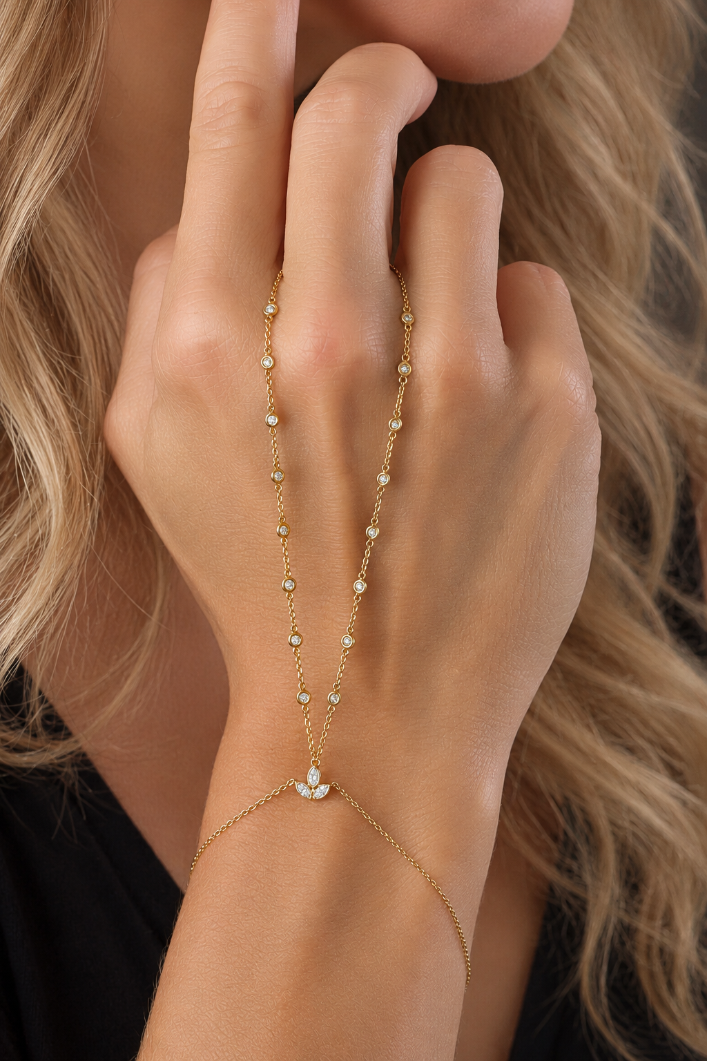 14k Yellow Gold Diamond Bezel Hand Chain