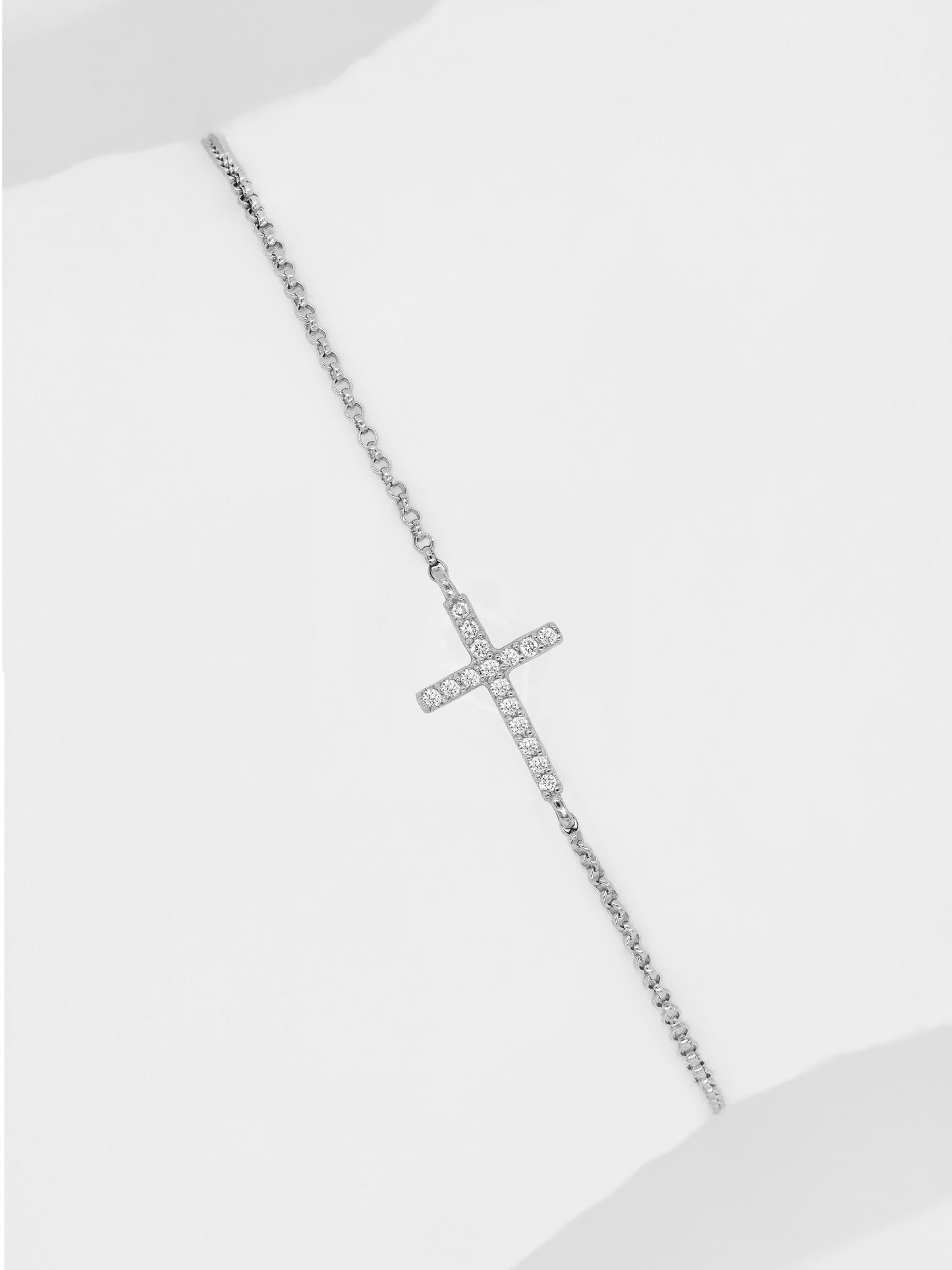 14k White Gold Diamond Small Cross Bracelet