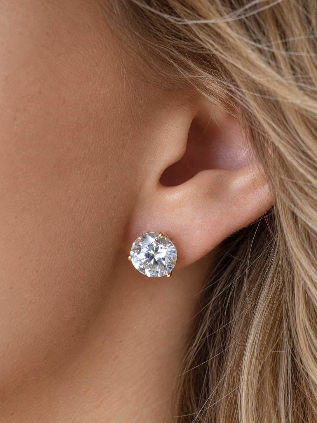 14k Yellow Gold Lab Diamond Three Prong Martini Round Brilliant Stud Earrings