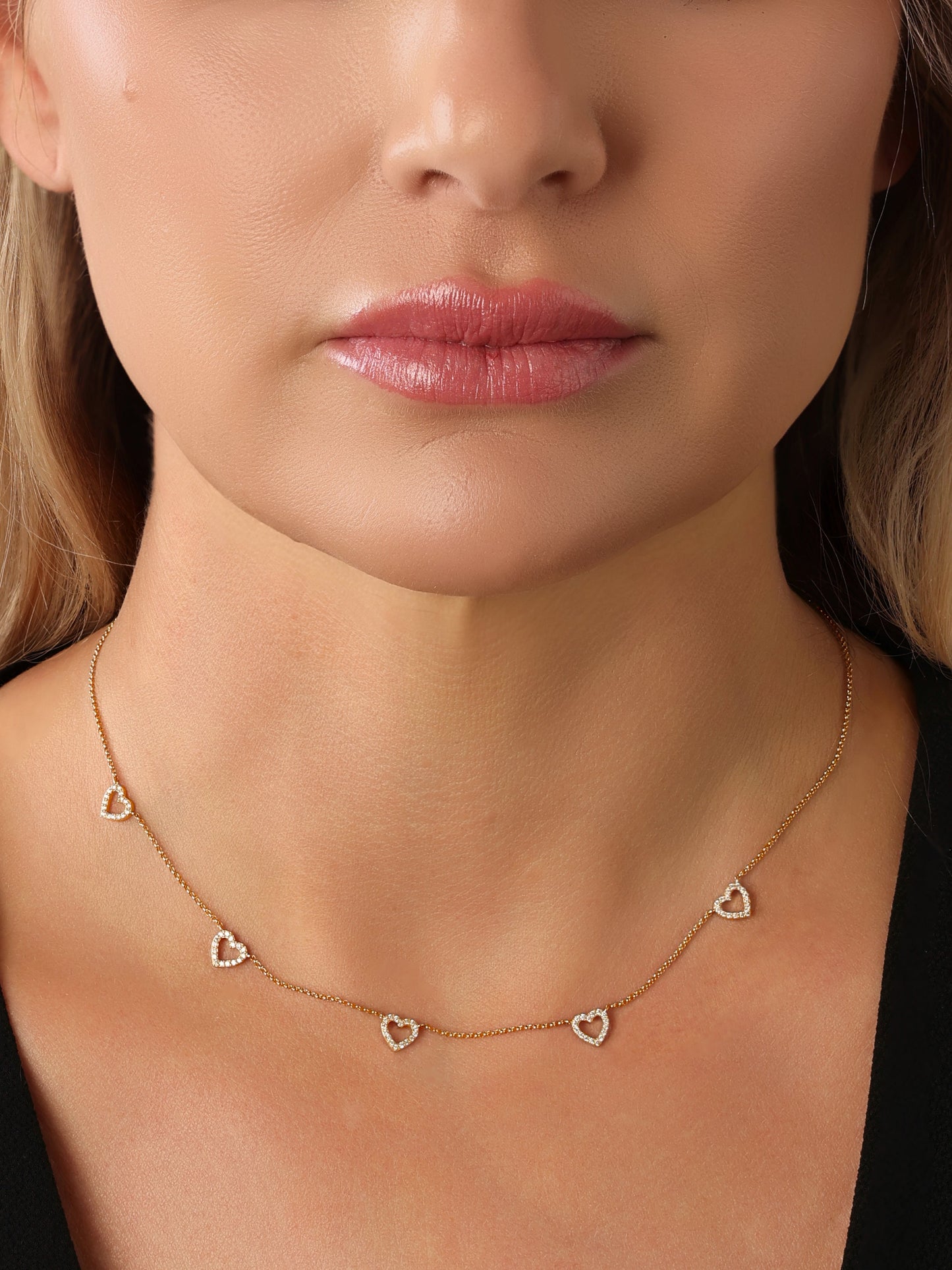 14k Yellow Gold Diamond 5 Heart Necklace