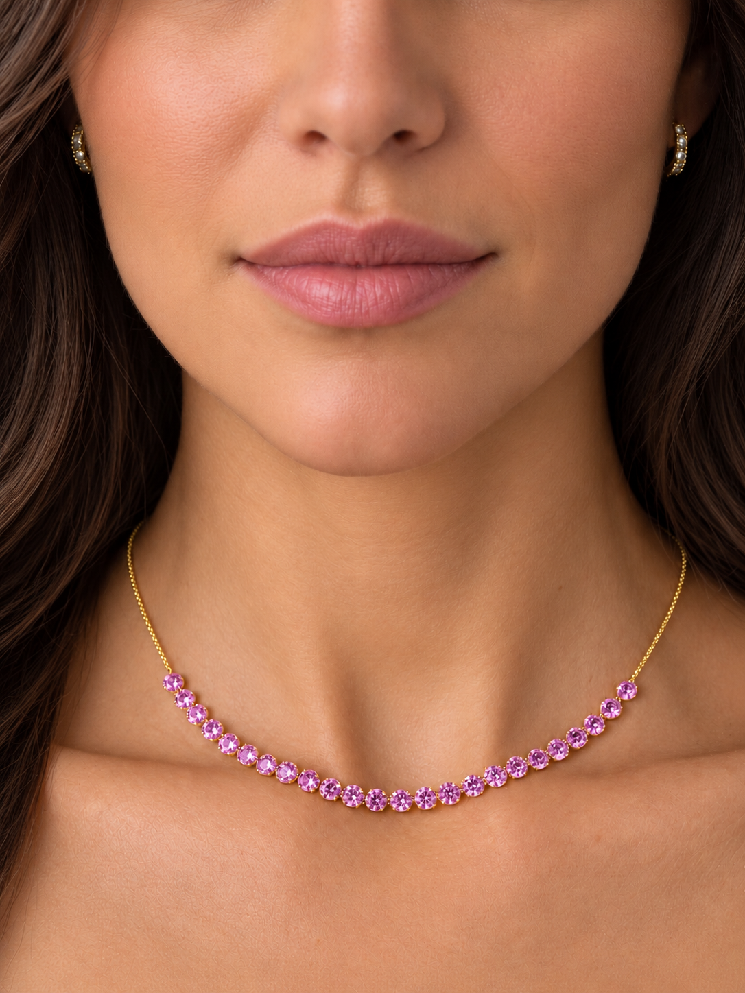 14k Yellow Gold Drill Lab Pink Sapphire 24 Row Necklace