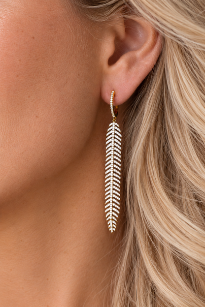 14k Yellow Gold Diamond Feather Earrings