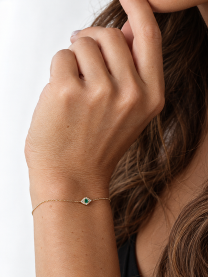 14k Yellow Gold Diamond/Emerald Eye of Protection Bracelet