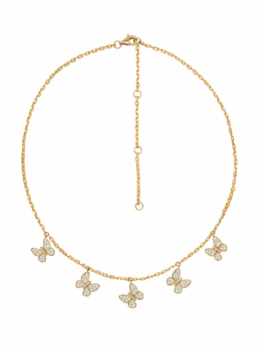14k Yellow Gold Diamond 5 Dangle Butterfly Necklace