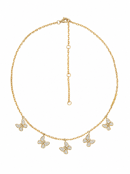 14k Yellow Gold Diamond 5 Dangle Butterfly Necklace