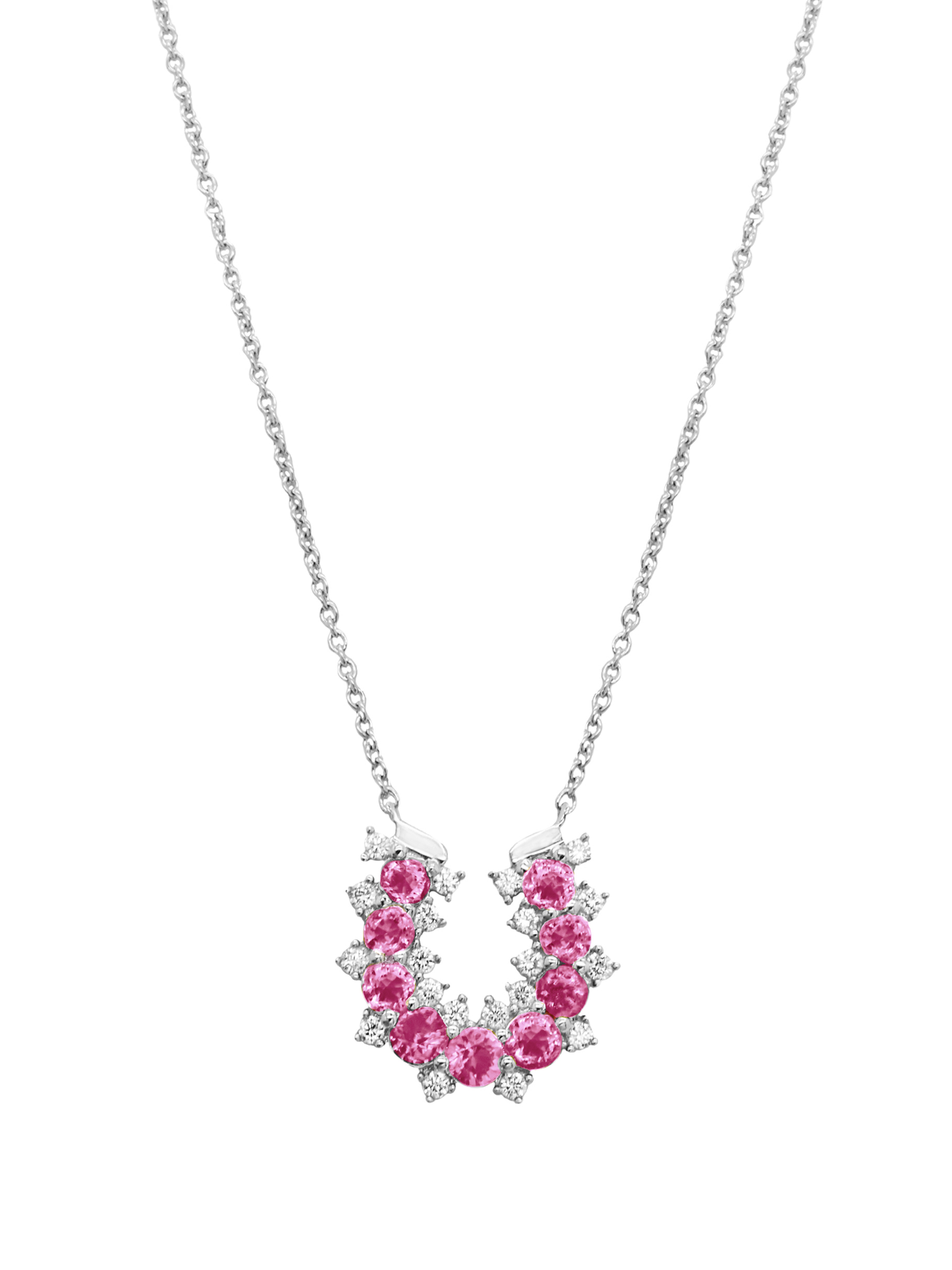 14k White Gold Diamond/Pink Sapphire Lucky Horseshoe Necklace