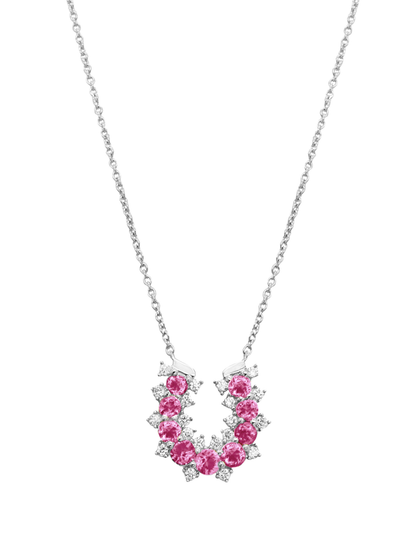 14k White Gold Diamond/Pink Sapphire Lucky Horseshoe Necklace