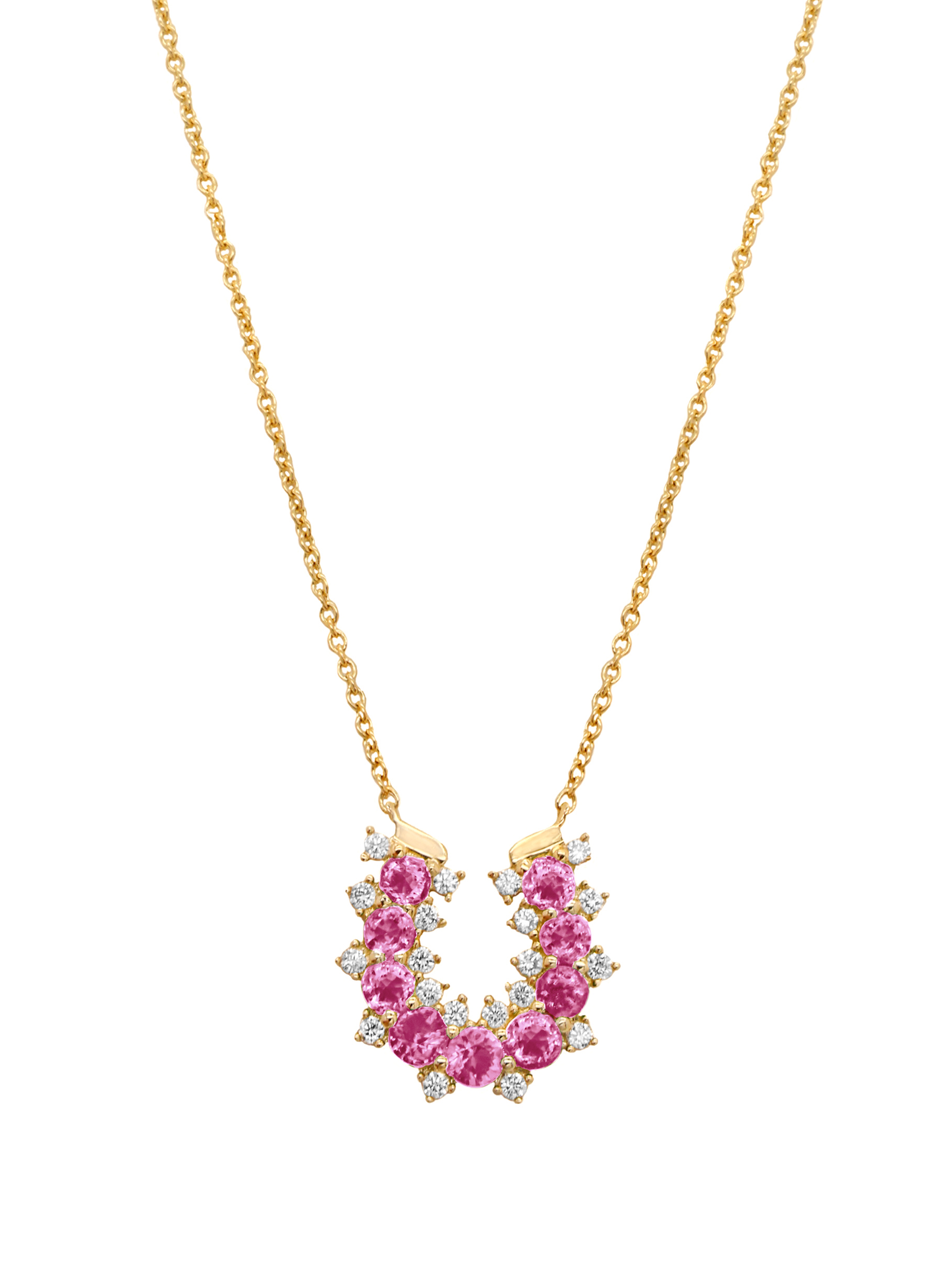 14k Yellow Gold Diamond/Pink Sapphire Lucky Horseshoe Necklace