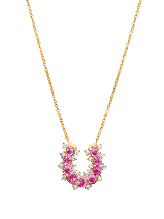 14k Yellow Gold Diamond/Pink Sapphire Lucky Horseshoe Necklace