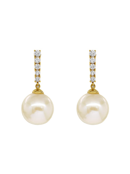 14k Yellow Gold Large Pearl Diamond Bar Earrings