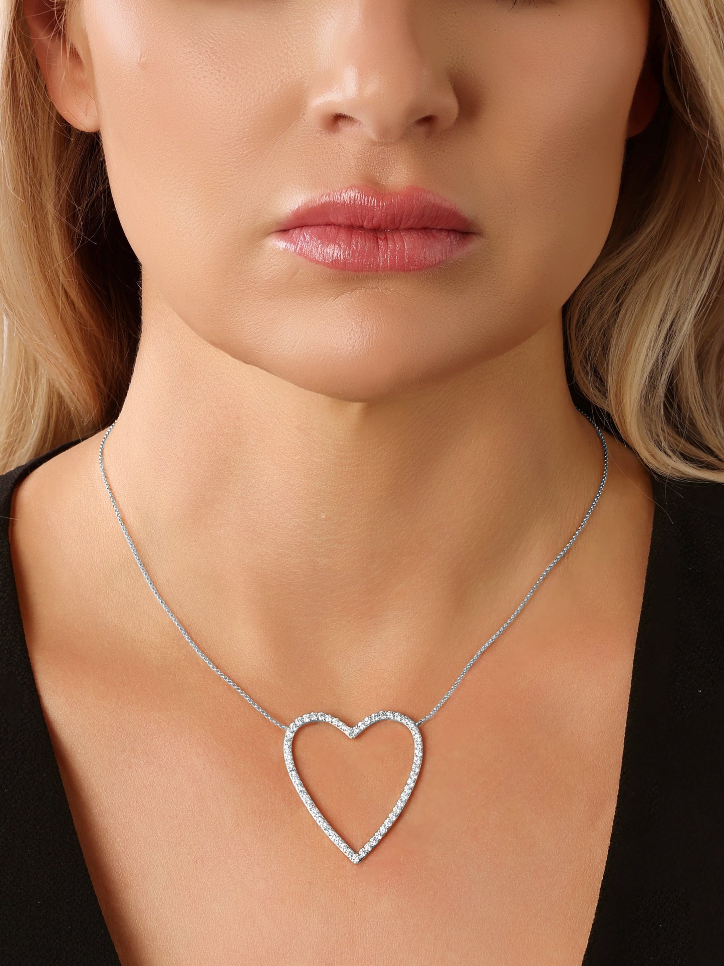 14k White Gold Diamond Large Open Heart Necklace