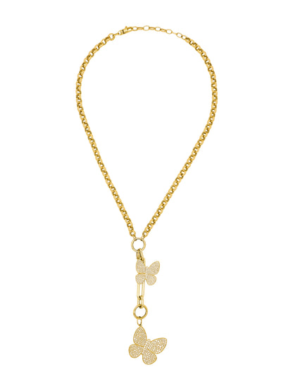 14k Yellow Gold Rolo Diamond Double Large Butterfly Charm Necklace