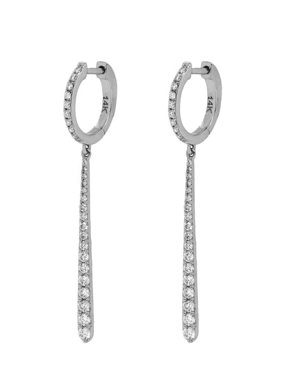 14k White Gold Diamond Bar Drop Huggie Earrings