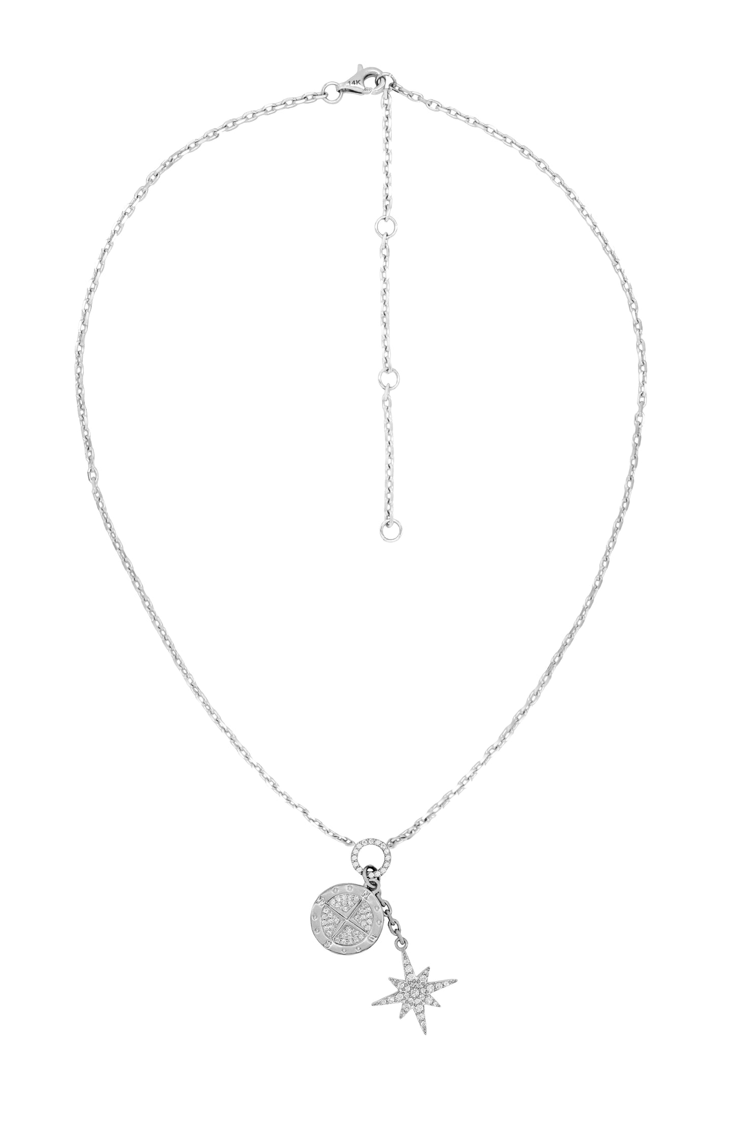 14k White Gold Diamond Compass North Star Charm Necklace