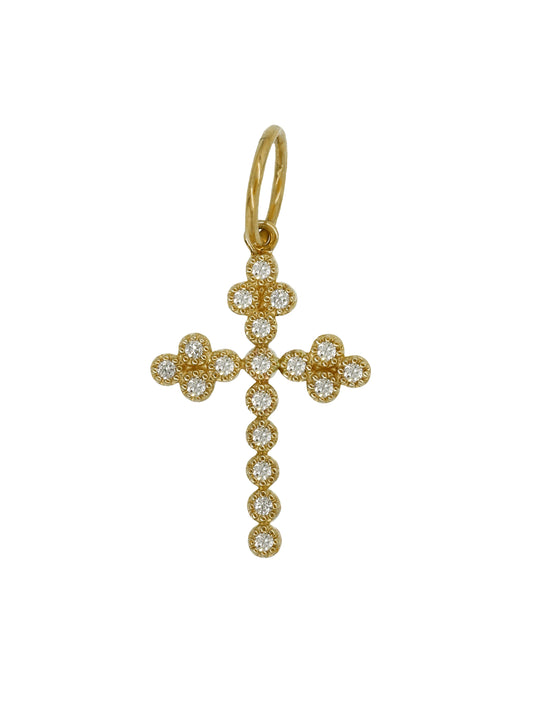 14k Yellow Gold Diamond Clover Cross Charm