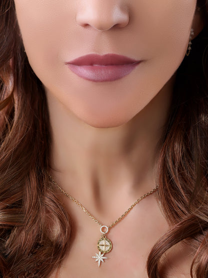 14k Yellow Gold Diamond Compass North Star Charm Necklace