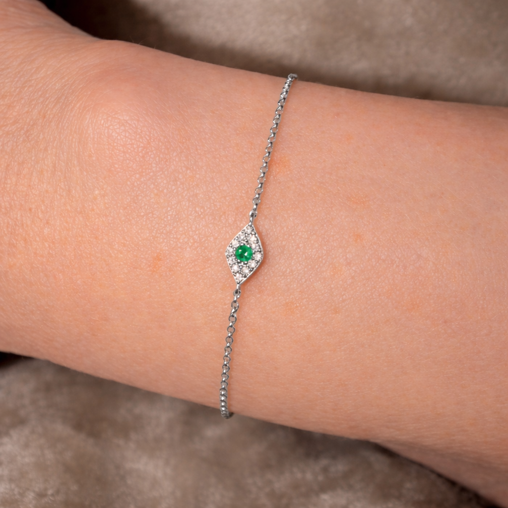 14k White Gold Diamond/Emerald Eye of Protection Bracelet