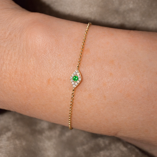 14k Yellow Gold Diamond/Emerald Eye of Protection Bracelet