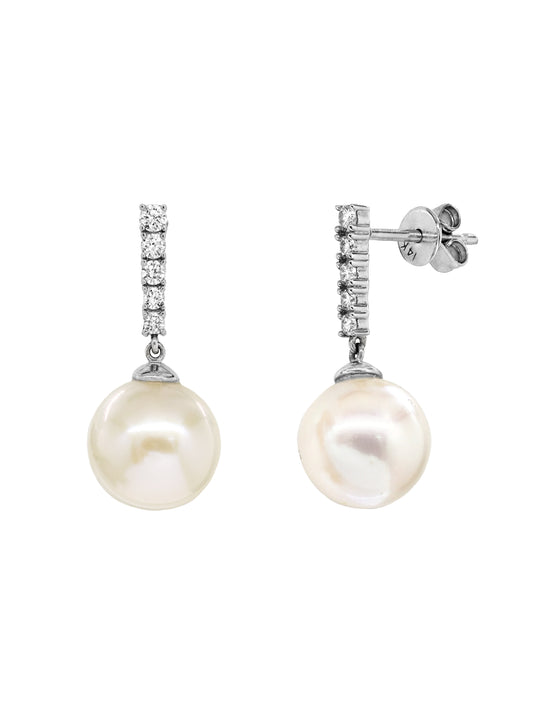 14k White Gold Large Pearl Diamond Bar Earrings