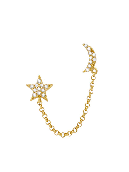 14k Yellow Gold Diamond Double Star/Moon Post Chain Earrings