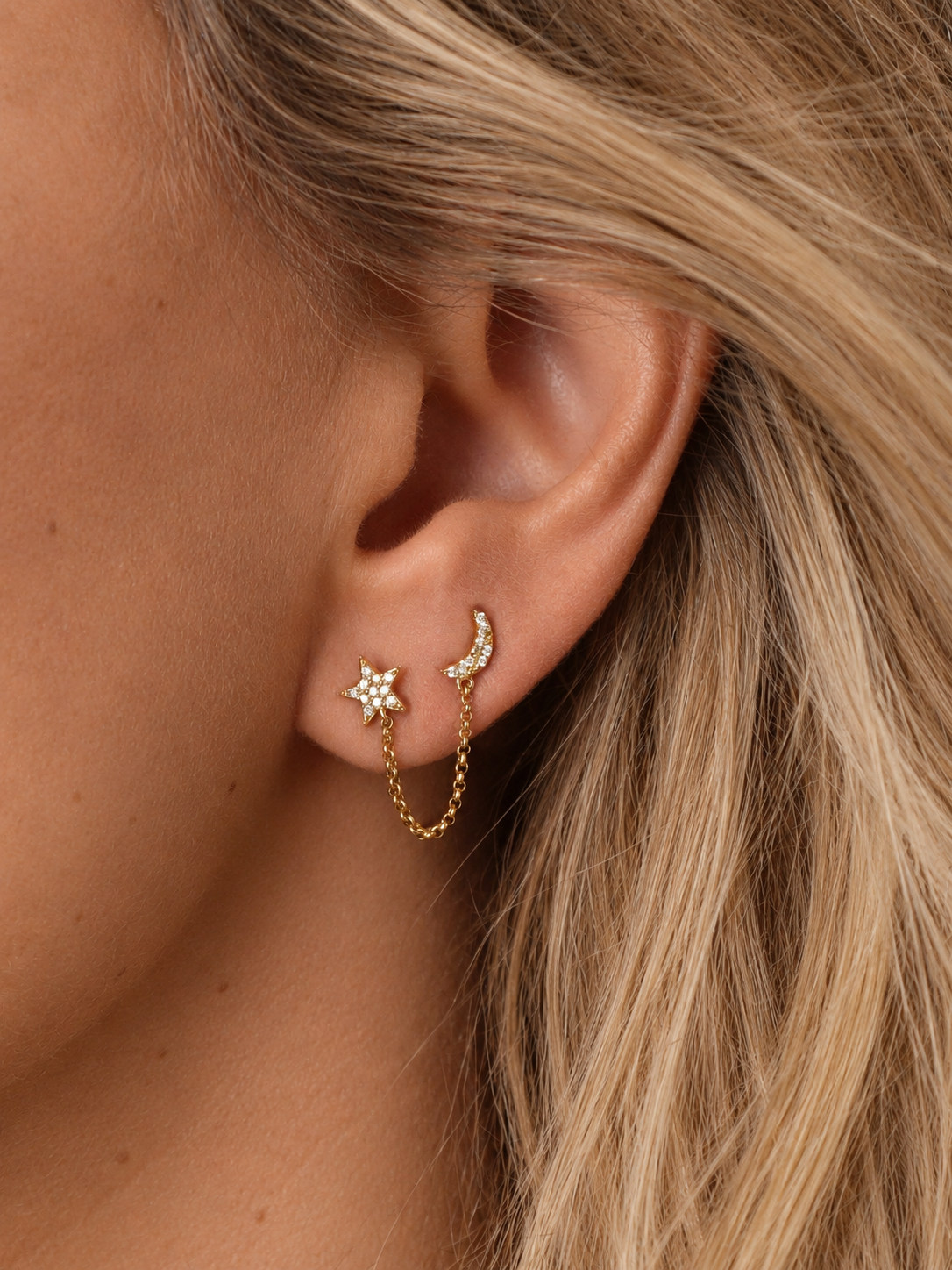 14k Yellow Gold Diamond Double Star/Moon Post Chain Earrings