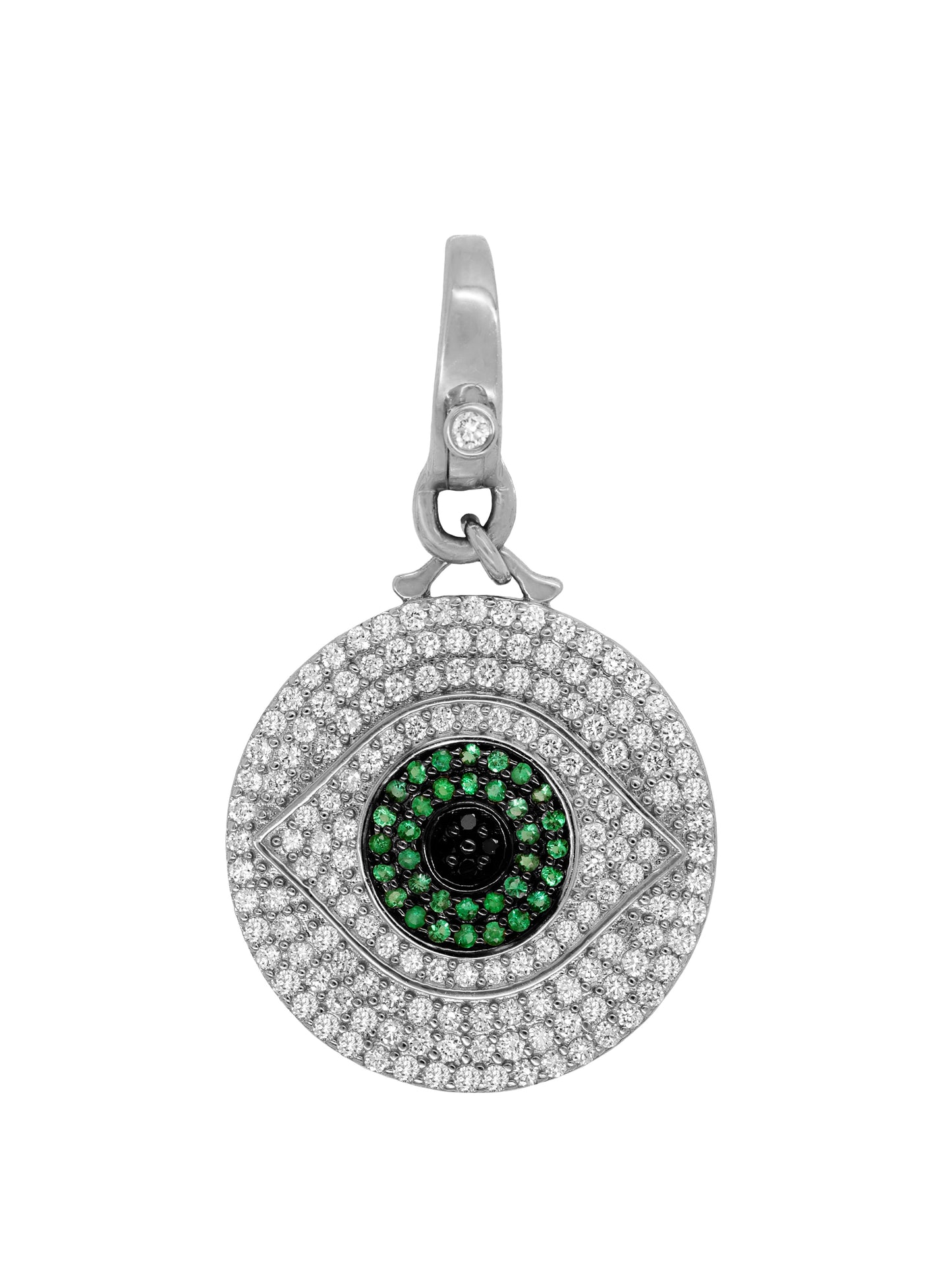 14k White Gold Diamond/Emerald/Black Diamond Eye of Protection Lobster Clasp Charm