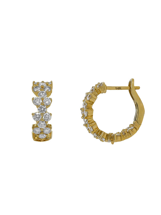 14k Yellow Gold Diamond Double Row Triangle Small Hoop Earrings